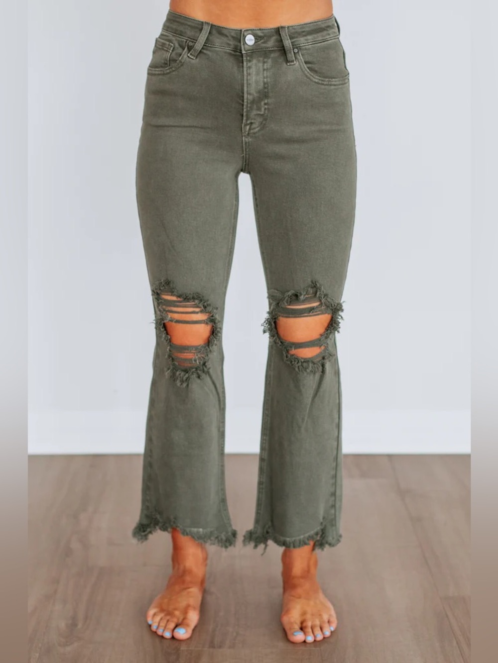 Vervet Maven Olive Green Destroyed Ankle Jeans